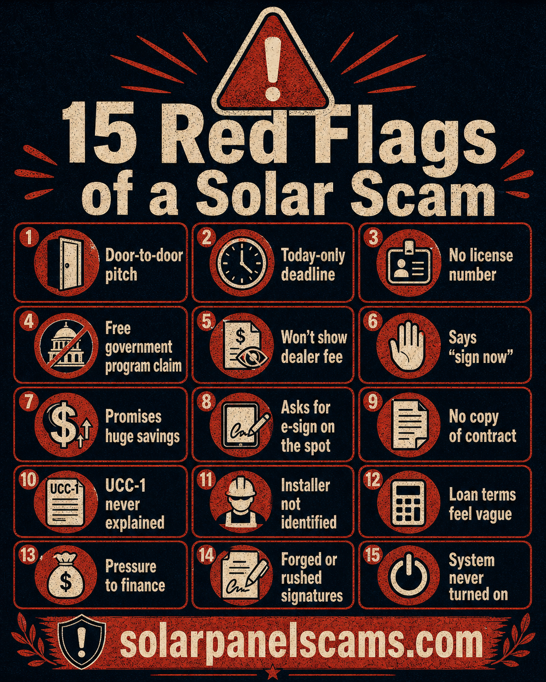 15 red flags of a solar scam including door-to-door pressure, no license number, vague loan terms, UCC-1 filings, and rushed signatures