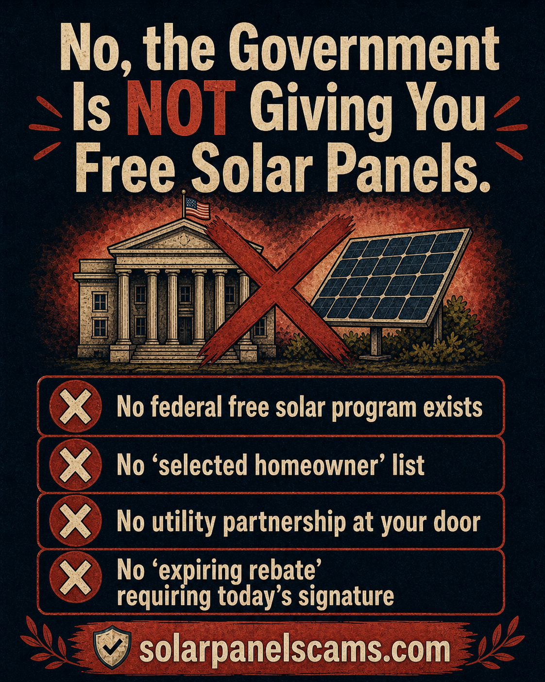 No, the government is not giving you free solar panels: no federal free solar program, no selected homeowner list, no utility partnership at your door, and no expiring rebate requiring today's signature