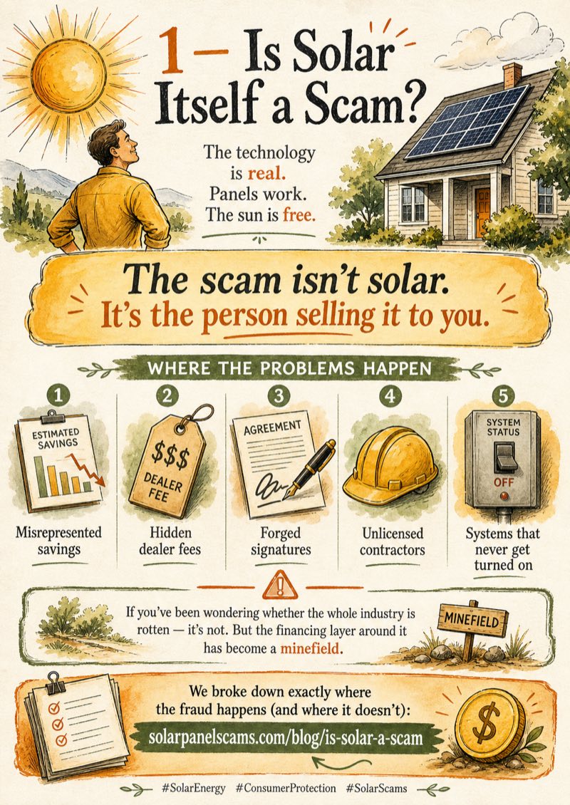 Is solar itself a scam? Solar technology is real, but scams happen through misrepresented savings, hidden dealer fees, forged signatures, unlicensed contractors, and systems never turned on