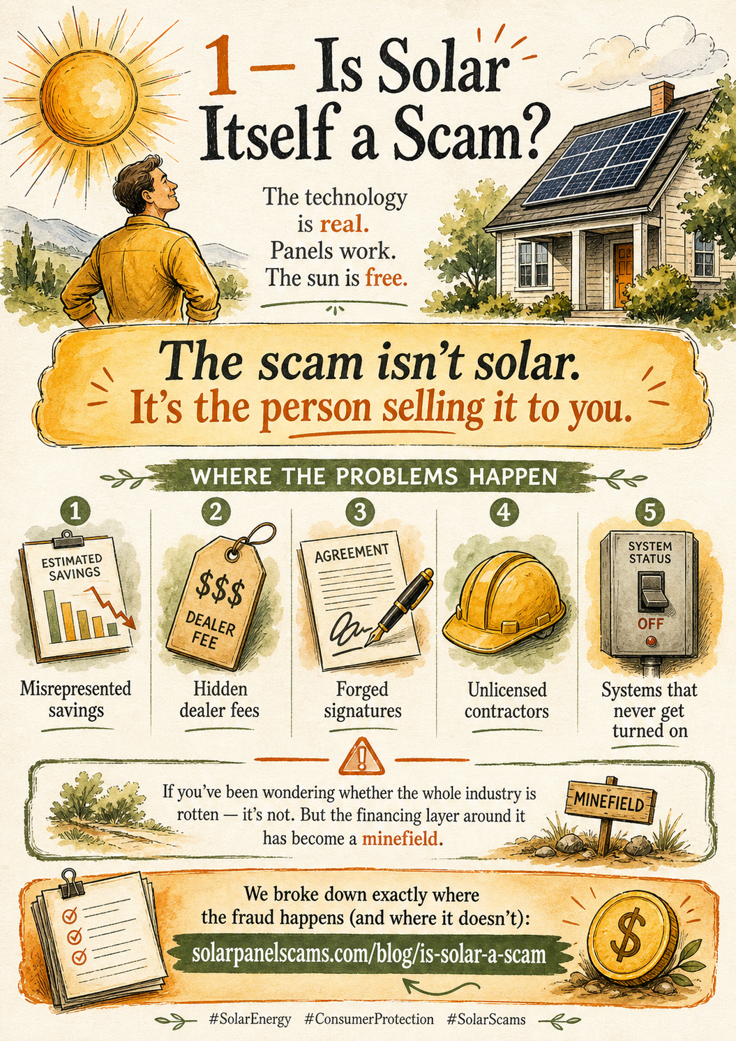 Is solar itself a scam? Solar technology is real, but scams happen through misrepresented savings, hidden dealer fees, forged signatures, unlicensed contractors, and systems never turned on