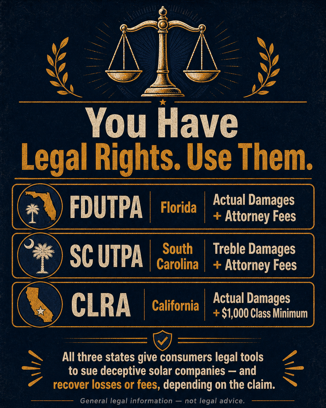 Consumer protection laws for solar fraud in Florida, South Carolina, and California