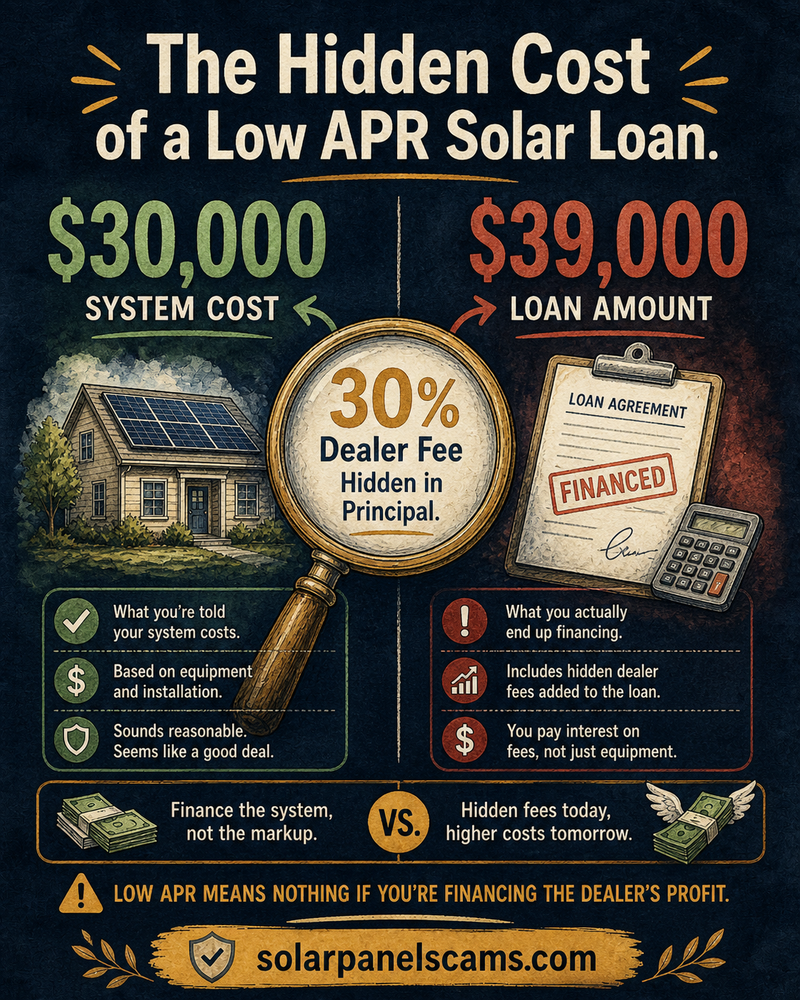 Hidden cost of a low APR solar loan showing a 30000 dollar system becoming a 39000 dollar loan after a 30 percent dealer fee hidden in principal