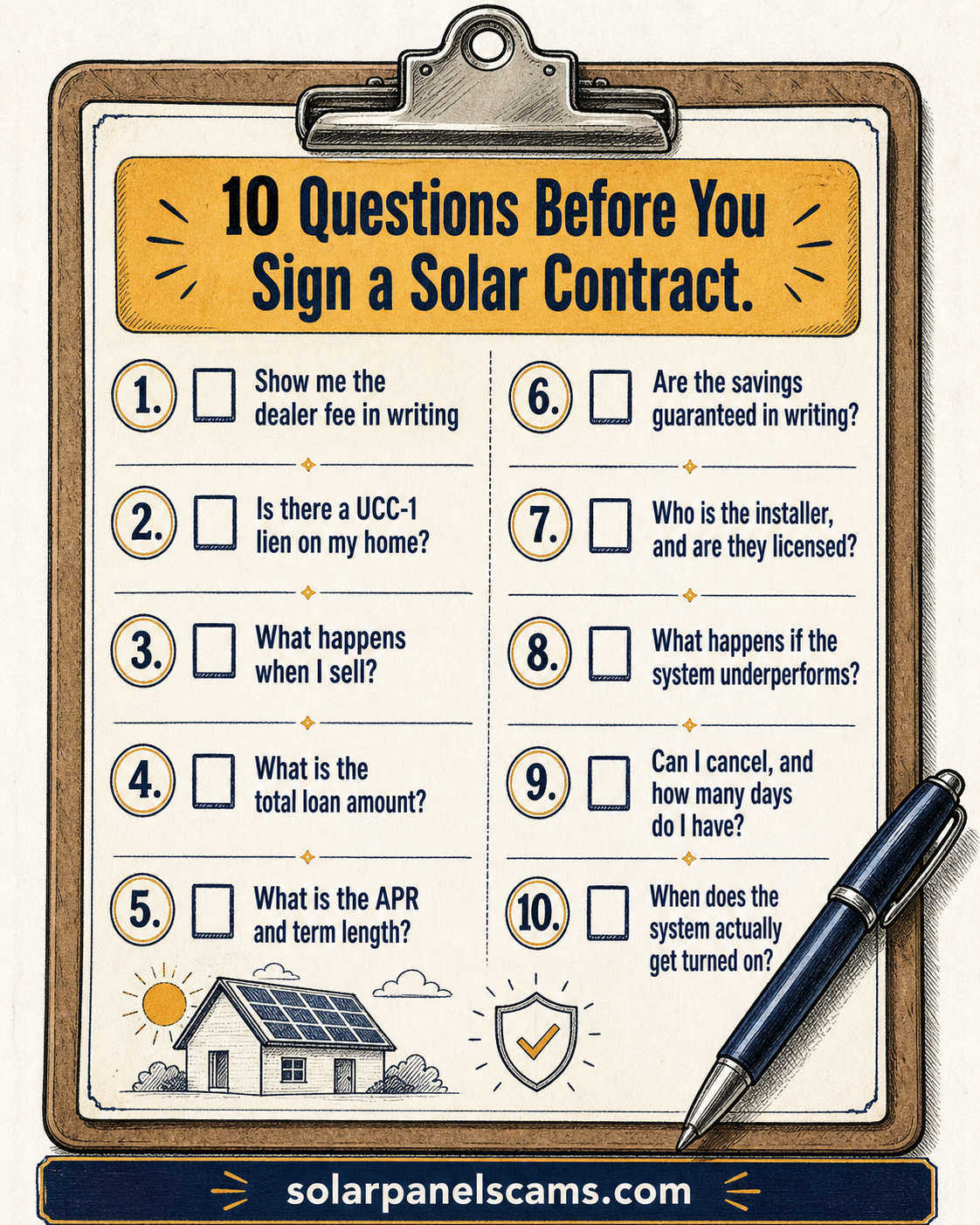 10 questions before signing a solar contract covering dealer fees, UCC liens, APR, installer licensing, cancellation rights, and system activation