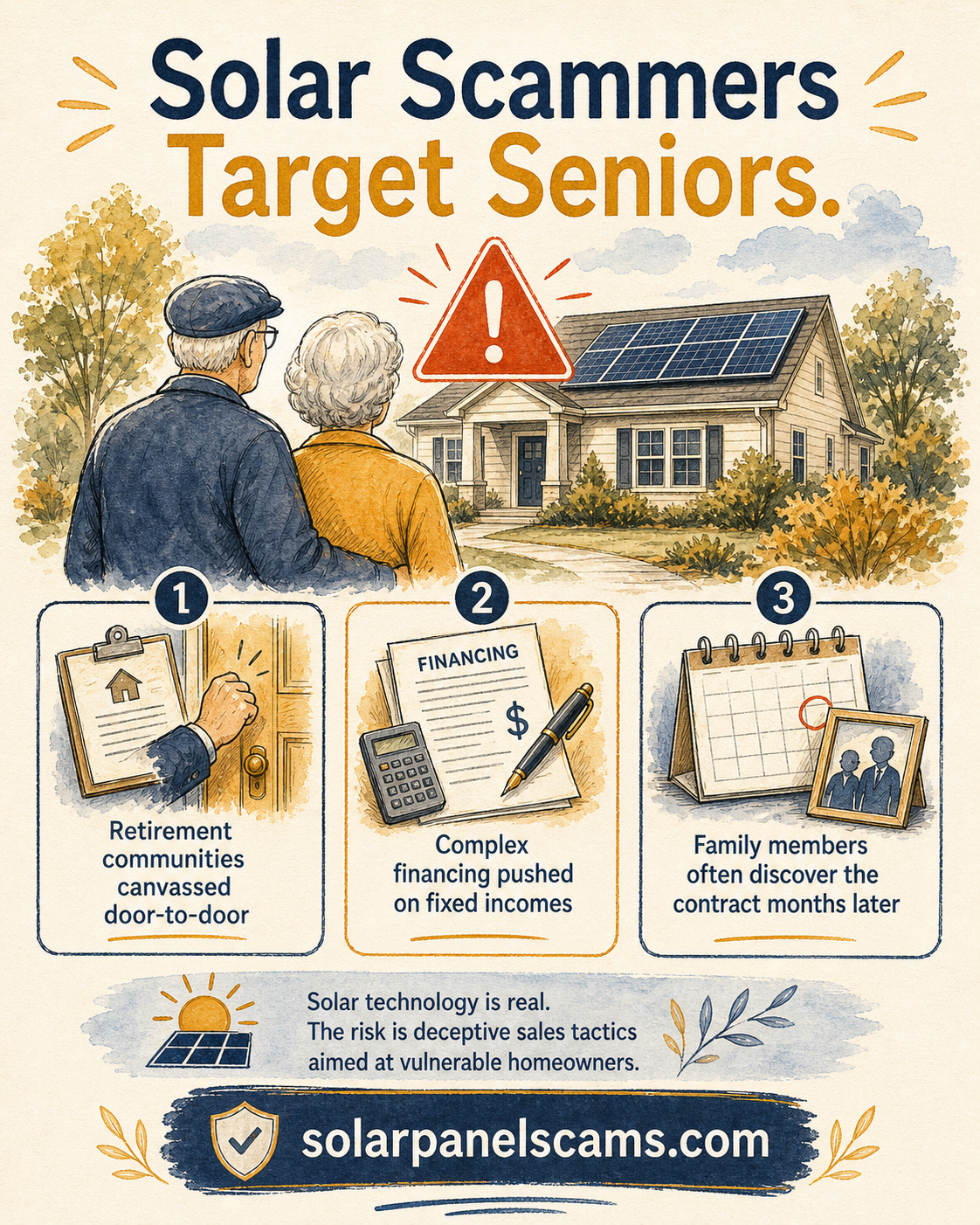 Solar scammers target seniors through retirement communities, complex financing on fixed incomes, and family members discovering contracts months later